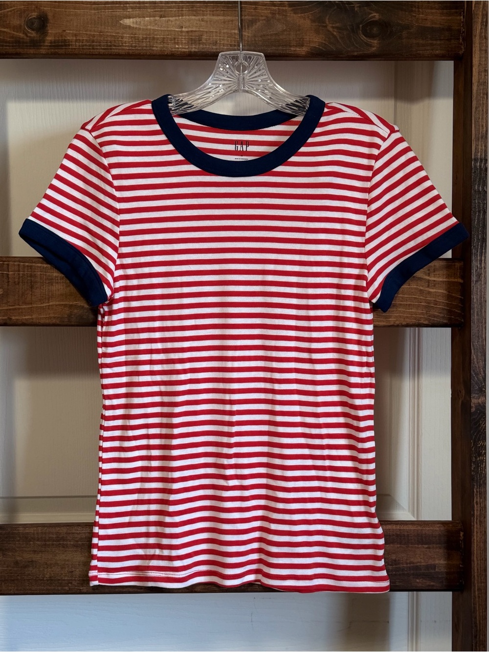 GAP Red & White Striped Ringer Tee with Navy Trim